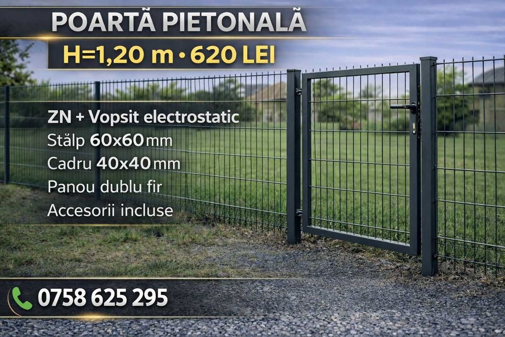 Poarta pietonala metalica 1.20m / 1.50m / 1.70m / 2m / gri / verde/ Zn