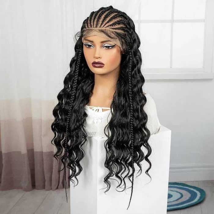 Екзотична черна синтетична перука с пълзящи плитки - Lace Front 13x6