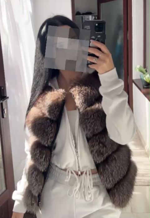 Jachetă din blăniță naturală de vulpe argintie și piele naturală – 2 în 1