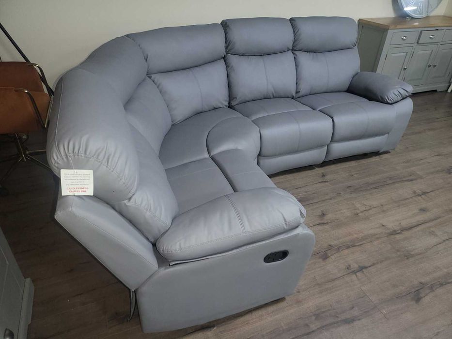 Сив кожен ъглов диван с релаксиращ механизъм от изкуствена кожа