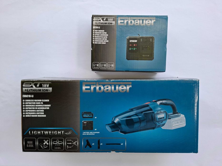 Set Aspirator cu acumulator Erbauer 18V EXT (Model EVAC18-Li) + Încărcător rapid (EFC18-Li) + Baterie 4.0 Ah