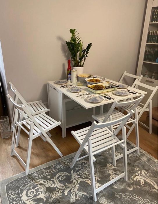 masa + 4 sau 6 scaune pliante lemn - ALB