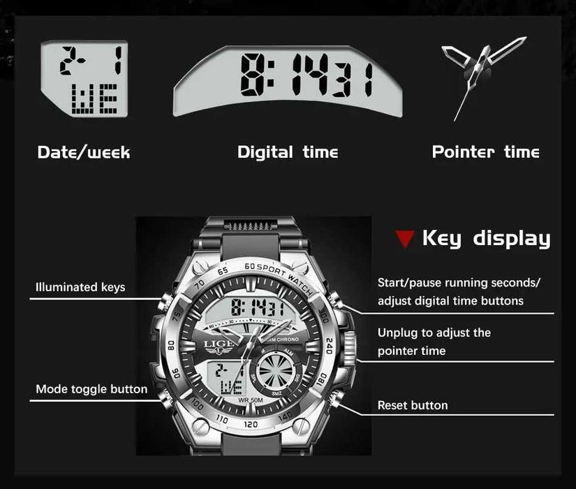 Водоустойчив кварцов мъжки часовник LIGE Sports Watch