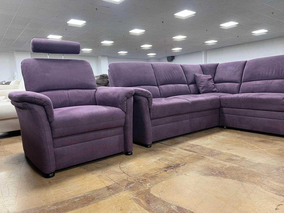 ПРОМОЦИЯ!!! Лилав ъглов диван от плат с функция сън и фотьойл