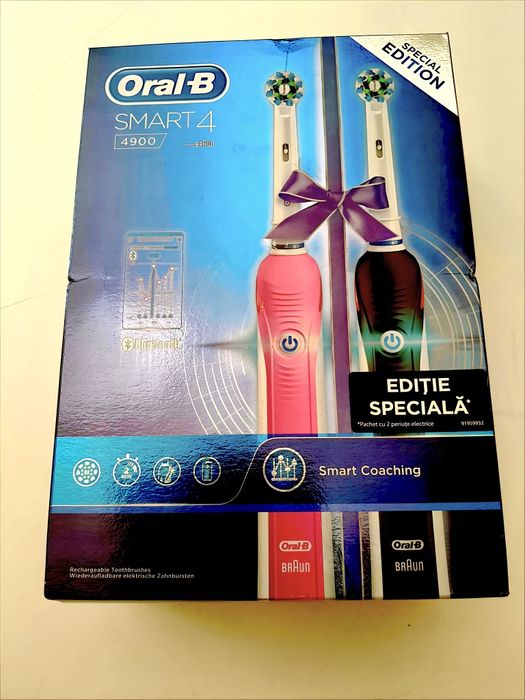Set 2 Periute de dinti electrica ORAL-B Smart 4 4900, 40000 pulsatii/min, Curatare 3D, 3 programe, 2 capate, roz/negru