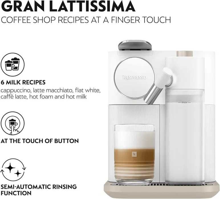 Кафемашина с капсули Nespresso Gran Lattissima EN650.WH, 19 bar, 1400 W, 1.3 л
