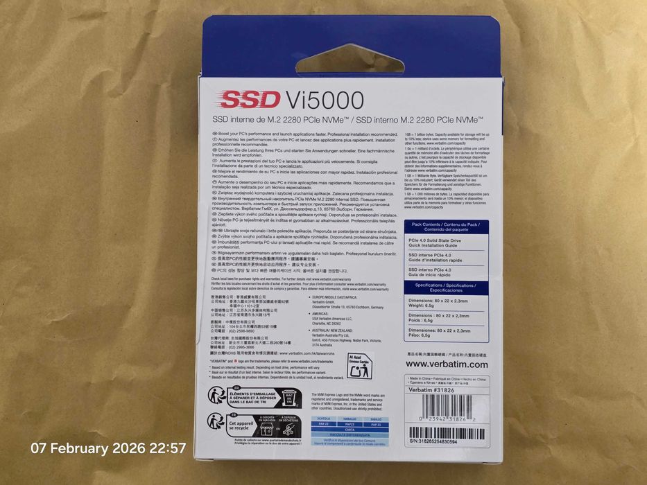 SSD VERBATIM Vi5000 1TB, M.2 PCIe4 (Gen4) NVMe 31826