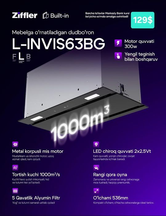 Встраиваемый вытяжка / Mebelga O'rnatiladigan dudbo'ron
