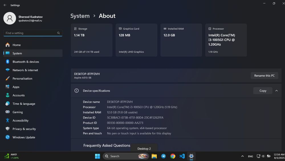 Acer Aspire 3 — 12GB RAM, 256 SSD + 1TB HDD, toza holat, Windows 11