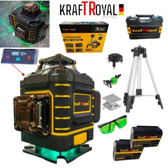 Лазерен нивелир Kraft Royal, самонивелиращ, 4D, дистнационно, жълт, 5V