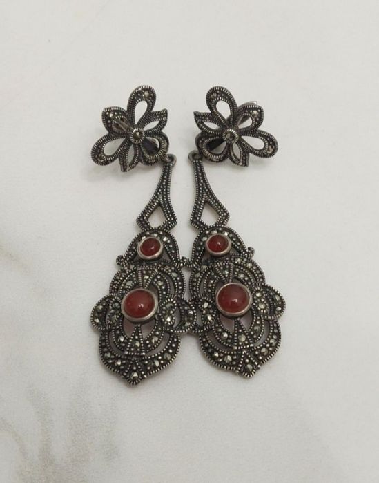 Винтажные серьги из серебра. Марказиты и сердолик