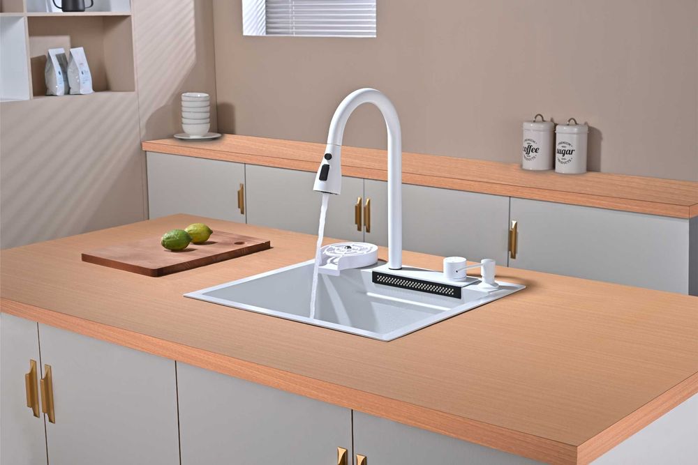 Бяла мултифункционална кухненска мивка 50см