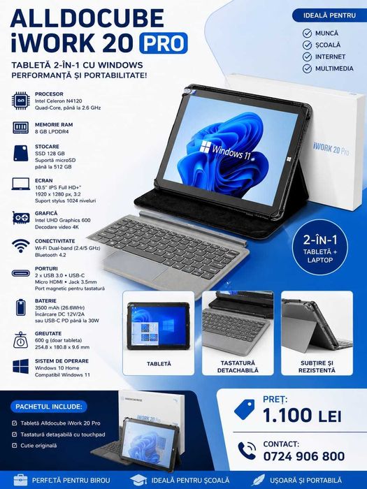 Alldocube iWork 20 Pro – Tabletă 2-în-1 cu Windows + Tastatură