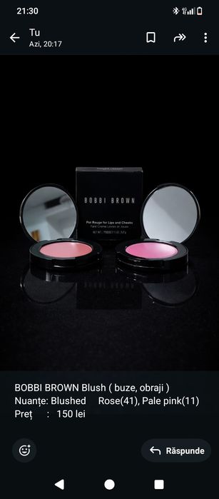 BOBBI BROWN Blush ( buze, obraji ) 
Nuanțe: Blushed     Rose(41), Pale