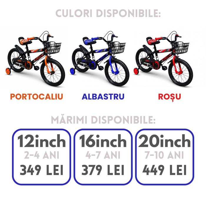 Bicicletă băieți 4-7 ani, 16” cu roți ajutătoare și frâne, coș plastic