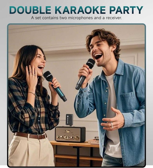 Безжични микрофони, професионален UHF двоен микрофон с обхват 74 метра