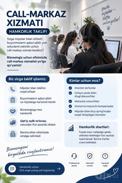 Call-markaz xizmati — sotuvdan foiz asosida hamkorlik