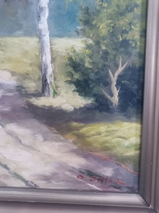 Стара маслена картина "Пейзаж с брези" – 78х59 см | Подписана