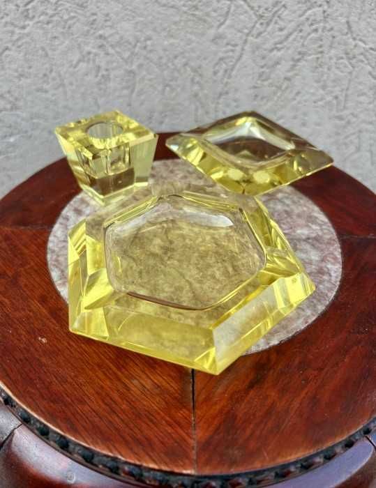 Elegant set cristal masiv-scrumiera hexagonala-scrumiera patrata-suport lumanare-Moser-Mid century-Germania