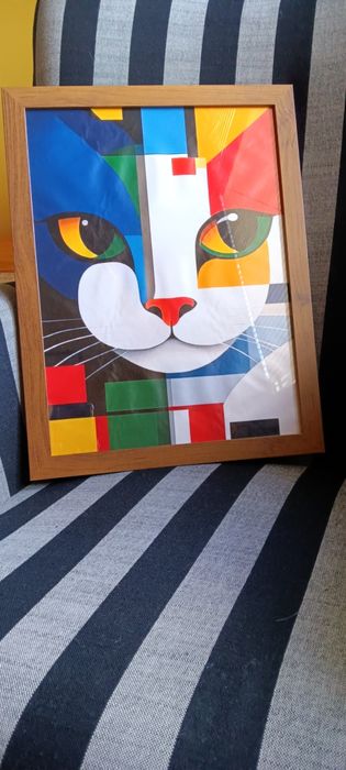 Шикозен Абстрактен Платнен Постер с Котка в Каре - С Рамка, Цветен Гео