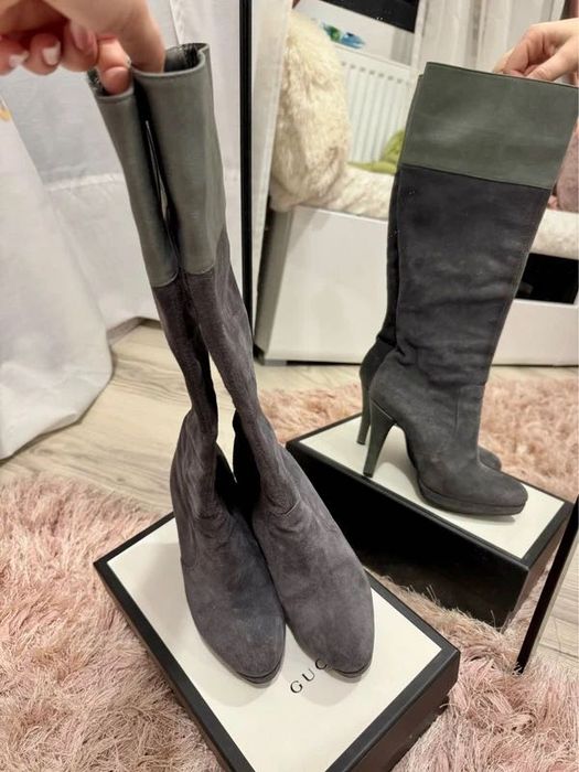 Cizme gri elegante cu toc din piele naturală mărimea 35