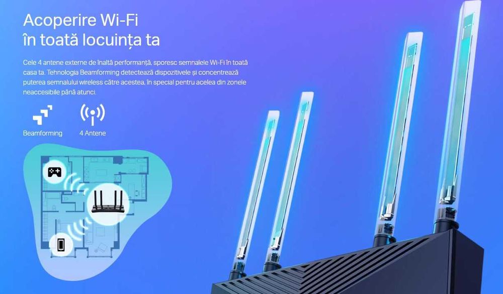 Router WiFi TP-Link Archer AX20 AX1800 WiFi6 dual band 5GHz range extins cu High-Power FEM si USB