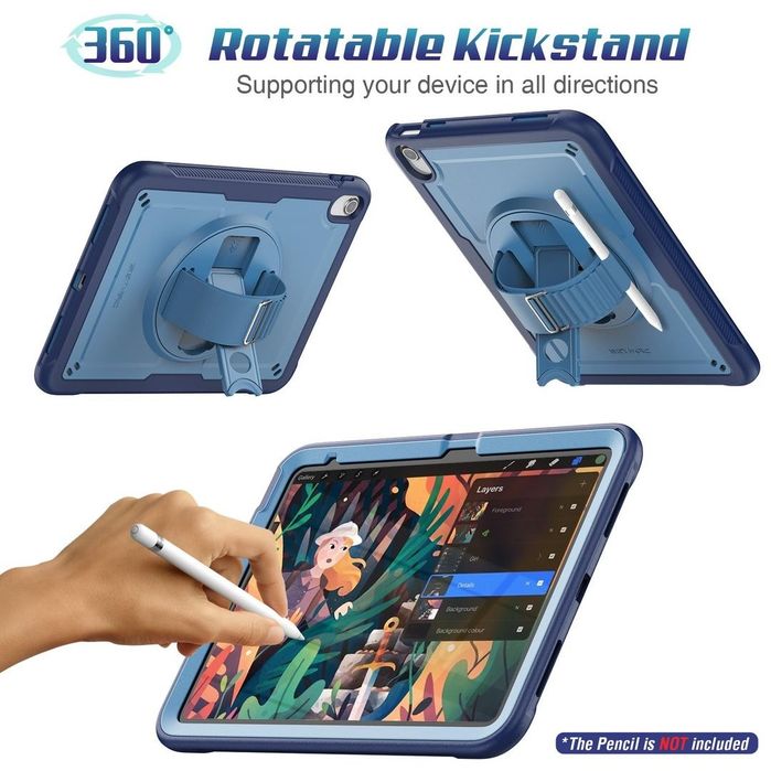 Husă SEYMAC pentru iPad 11" / 10.9" Rotativă 360° cu Curea și Protecție Ecran – Albastru