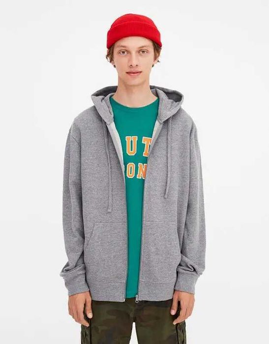 Мъжки суитшърт с цип Pull&Bear, 76% памук, 24% полиестер, Сив, XL