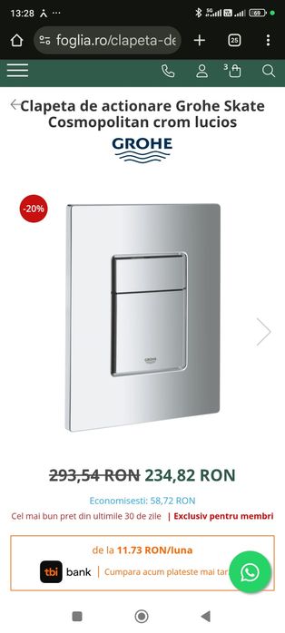 Clapeta Grohe Cosmopolitan crom lucios, nou.
Clapeta de actionare Groh