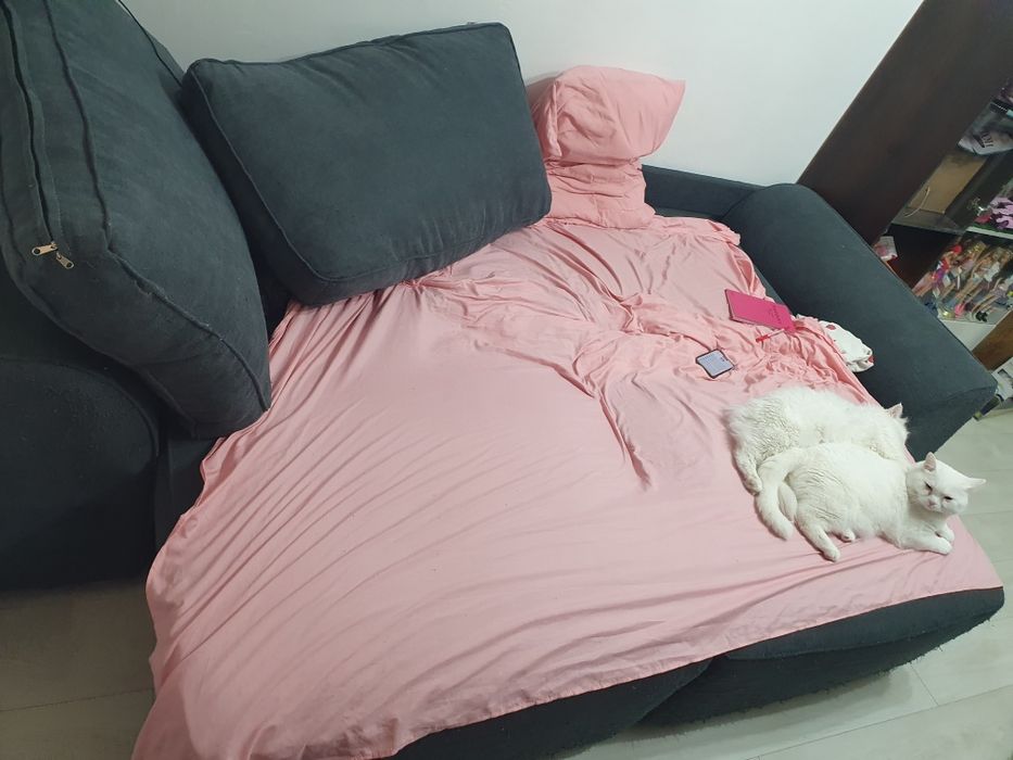 Продам серый диван 2.5 м раскладывается + постельное( серое)