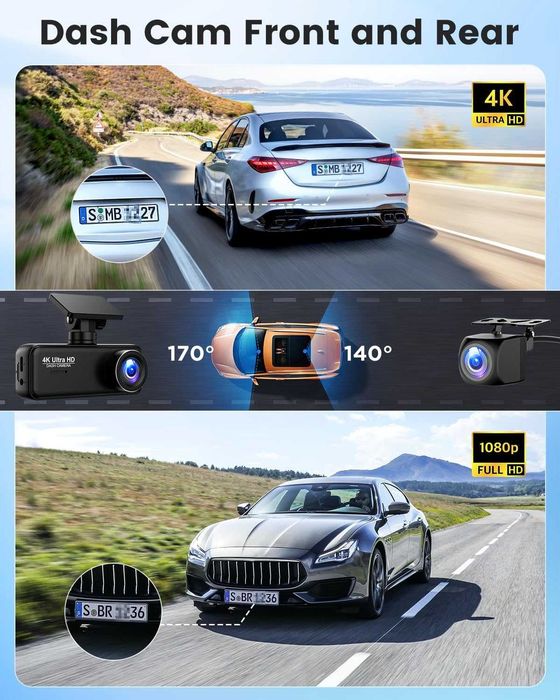 Видео Регистратор, Предна и Задна Камери 4K + 1080P
