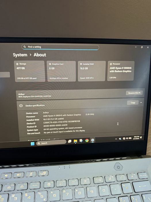 Asus rog zephyrus g15 AMD Ryzen 9, placa video RTX 3060 6GB