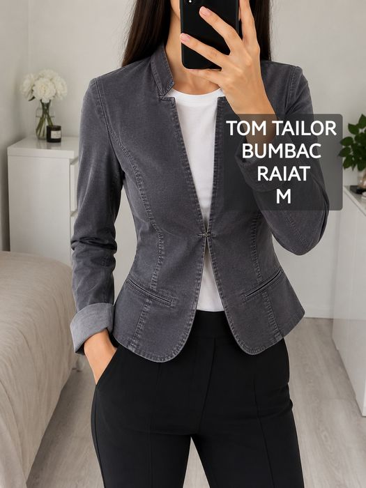 Tom Tailor sacou damă gri, M/L bumbac, elastic, casual office, raiat