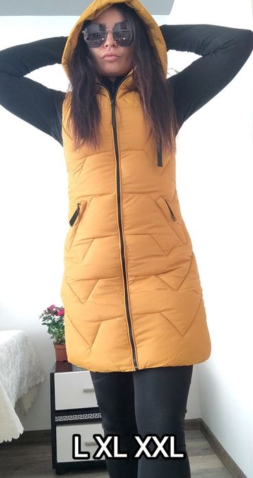 РАЗПРОДАЖБА Дамски дълъг елек - грейка с качулка L XL XXL Удобен! Прак