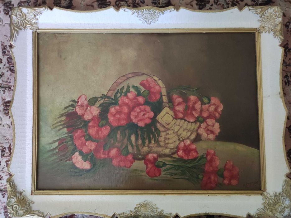 tablou original, cos cu garoafe, 85 x 65 cm., inramat