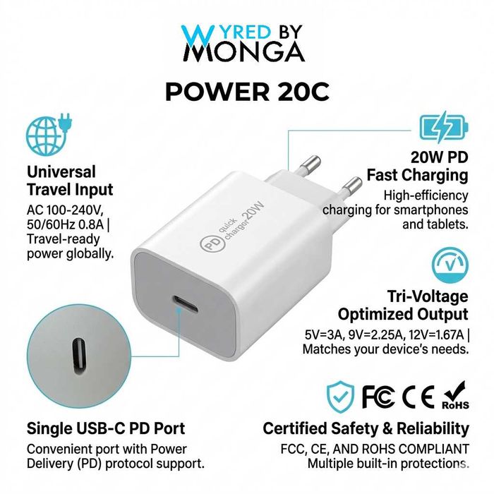 Incarcator Retea Wyred by Monga - Power 20C, USB-C Power Delivery 20W, Alb, Sigilat, Business