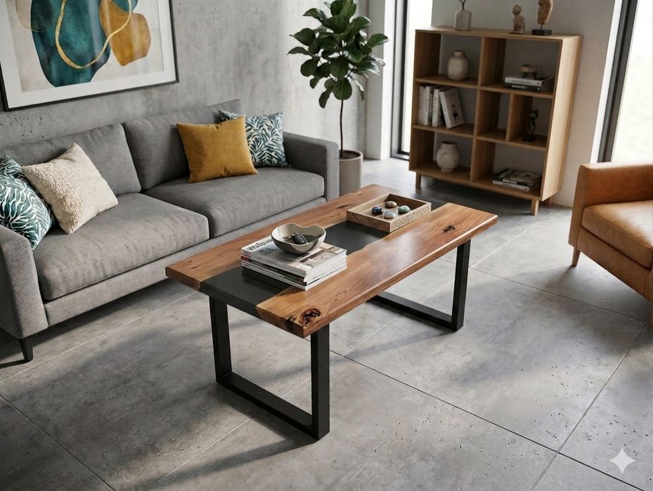 Măsuță cafea UNICAT - Lemn Masiv Nuc/Stejar și Rășină