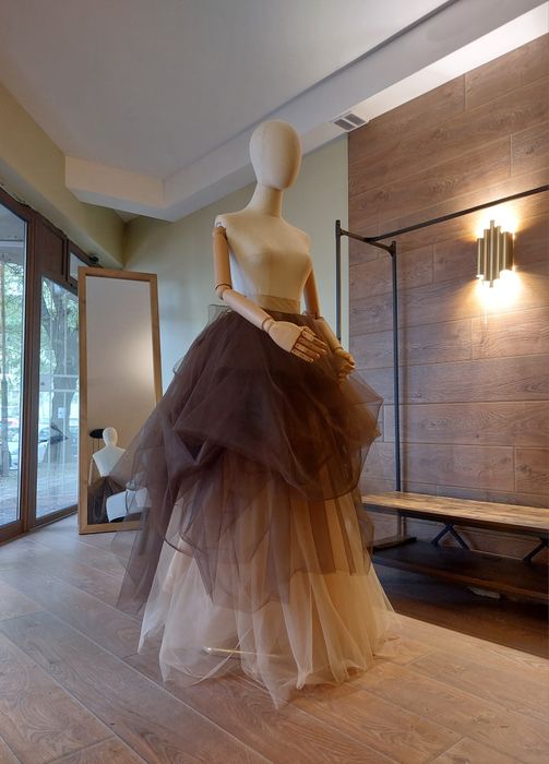 Булчинска рокля влакче Бална Омбре Тюл Драпирана Екрю Кафяво Сватбена