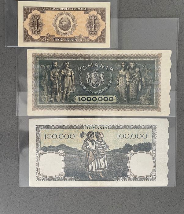 Bancnote România 1 leu 1952 / 1000000 lei 1947 / 100000 lei 1946