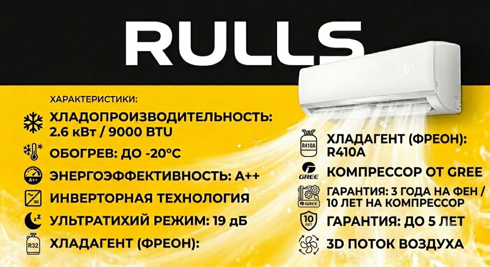 Кондиционер Rulls 12 Strom Dc invertor R410A Gree 3-10 guarantee