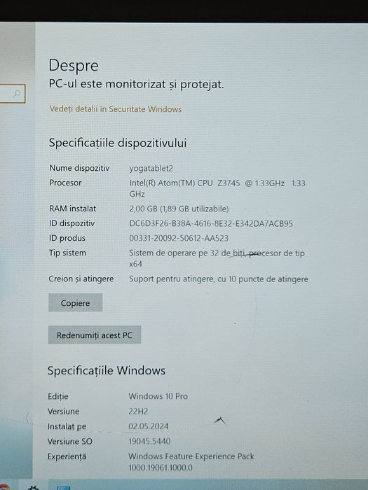 Tableta Lenovo Yoga 2 (1051L) Win 10 Pro - sticla crapata