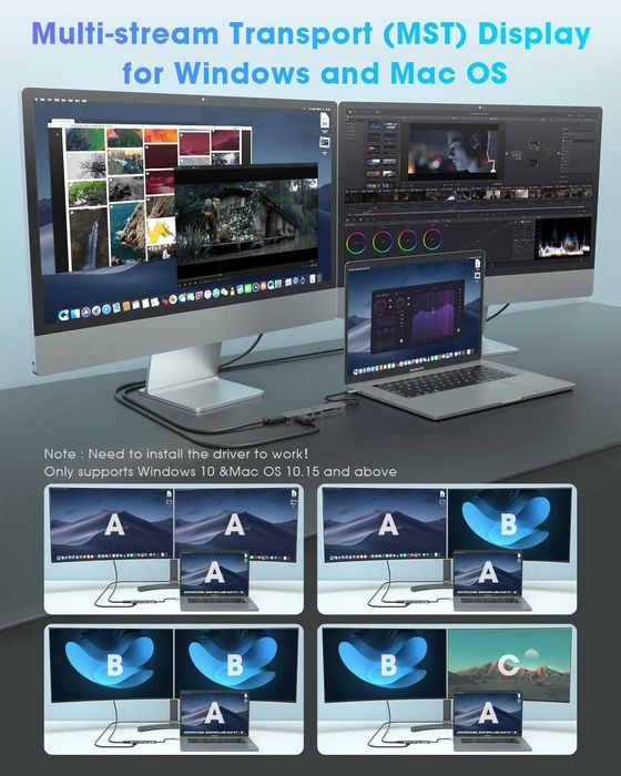 VCOM 7-в-1 USB C хъб два монитора с 4K HDMI 1080P HDMI 2*USB 3.0 данни