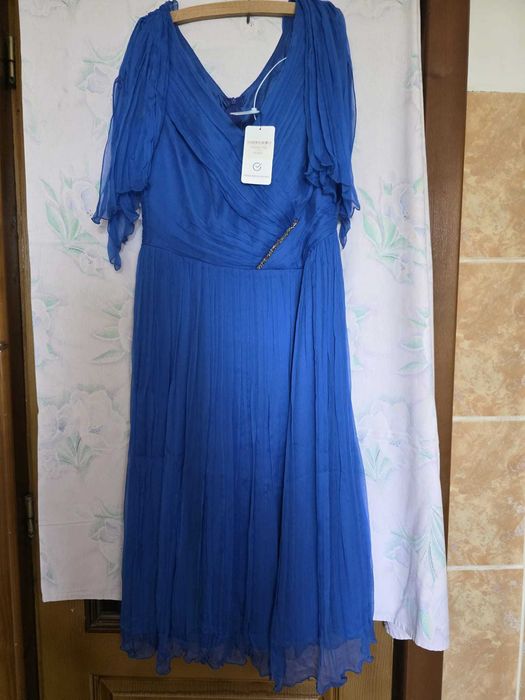 Rochie de mătase naturală, albastră, de ocazie, măr.42