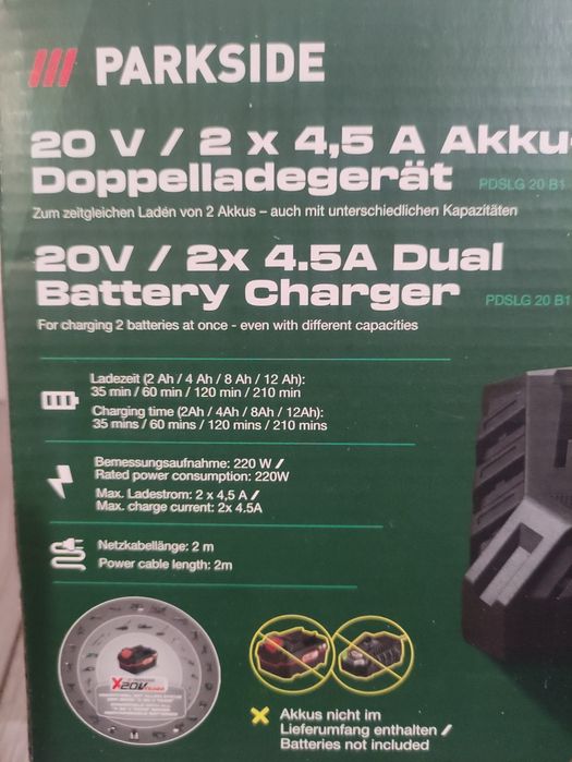 Incarcator dublu rapid 20 V 4,5 ah pentru acumulatori Parkside