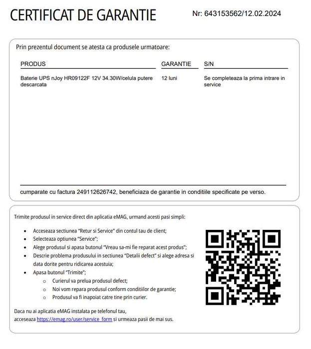 Baterie UPS nJoy HR09122F 12V 34.30W/celula putere descarcata