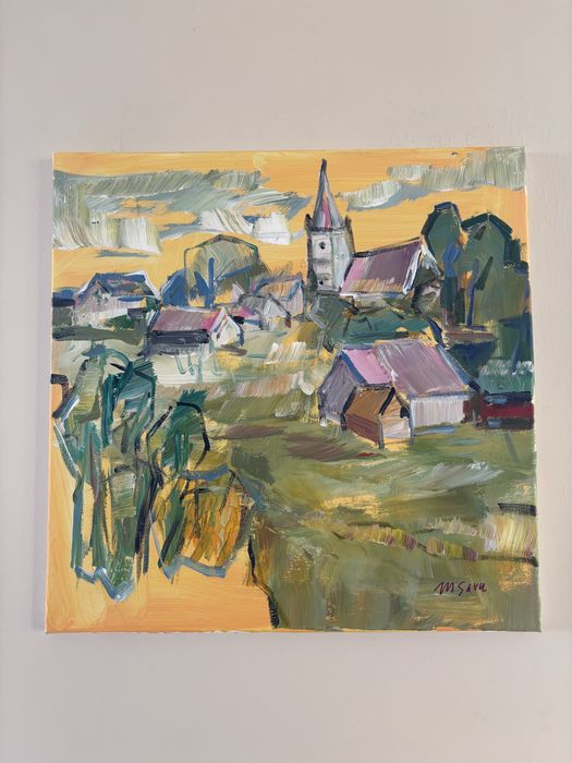 Sat rural la apus – pictură acril pe pânză 40 × 40 cm