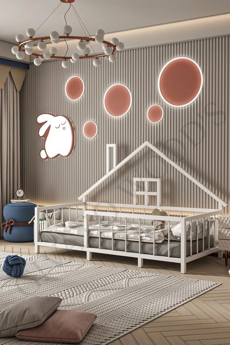 Монтесори легло тип "къщичка" с декоративен комин 100% MDF