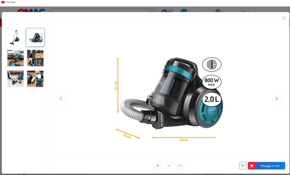 Aspirator fara sac, 800W, Ciclon, duza pentru parchet si mocheta, recipient de praf 2 litri, cablu de 4,8m, gri petrol/negru