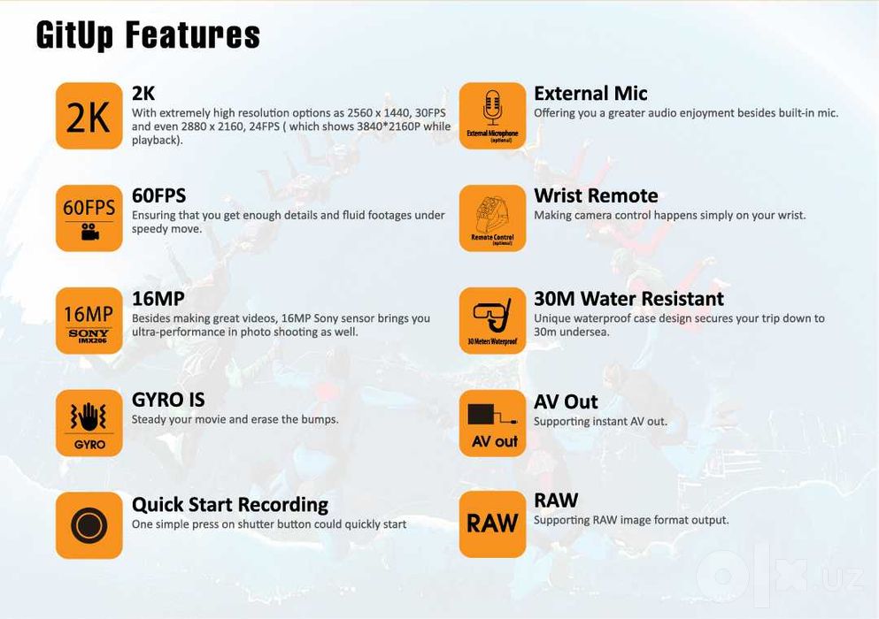 GitUp Git2P Pro 2K WiFi Экшн Камера 170 градусов