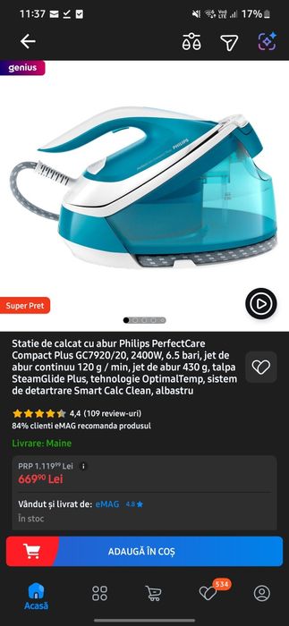 Statie de calcat cu abur Philips PerfectCare Compact Plus GC7920/20